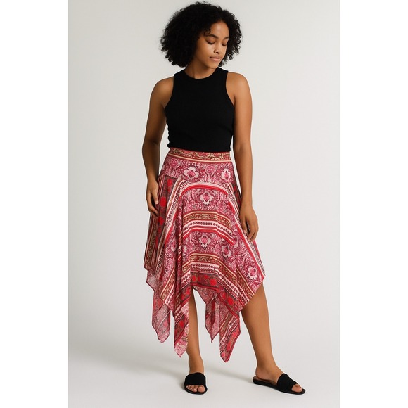 Cristina Handkerchief Skirt Floral Print Bohemian Style Pink Red Size M‎ - Picture 1 of 6